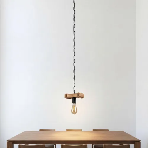 Rustikale Pendelleuchte aus Metall und geflammtem Holz - Stilvolle Pendelleuchte mit geflammtem Holz und Metall, ideal für Esstische. Individuelle Lichtgestaltung durch wählbare E27 Leuchtmittel. Perfekt für rustikale und moderne Einrichtungsstile.