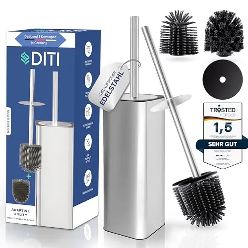 DITI Klobürste Silikon Silber - Edelstahl WC-Bürste Rostfrei - Quadratische Toilettenbürste mit Halter & Spritzschutz Inkl. 2 Bürstenköpfe - Antibakterielle Klobürste für eine Gründliche Reinigung