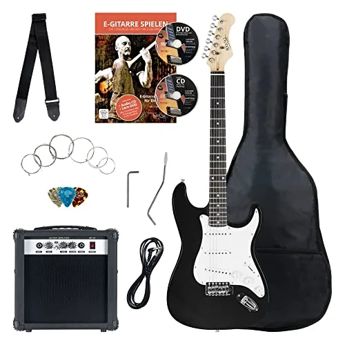 Rocktile Banger's Pack E-Gitarren Komplettset Schwarz - E-Gitarren-Set für Einsteiger im ST Design mit Verstärker, Gitarrentasche, Kabel und Gitarrenschule. Hochwertiger Klang und umfangreiches Zubehör für den perfekten Start in die Musikwelt.