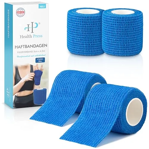 Health Press Selbstklebender Verband – 4x Pflaster Rolle (5cm x 4,5m) – Haftbandage Selbstklebend – Elastische Bandage – Wasser-, Staub-, Fett- & Schmutzabweisendes Verbandsmaterial (Blau, 4 Rollen)