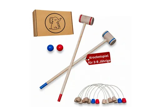 Eli Spielzeug-Gartenset Krocket für Kinder – Holzspielzeug mit Schlägern und Bällen - Entdecke das Krocket-Spielset für Kinder ab 3 Jahren! Ideal für drinnen und draußen, fördert es spielerisch Koordination und Zielgenauigkeit. Das Set enthält 2 Schläger, 2 Bälle und 8 Ziele für abwechslungsreichen Spielspaß.