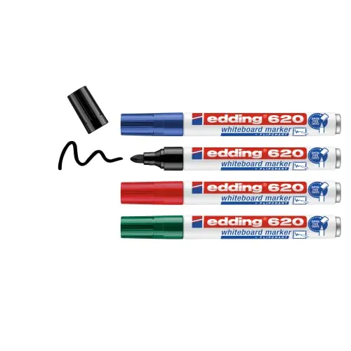 edding 620 Whiteboardmarker - mehrfarbig - 4 Whiteboardstifte - Rundspitze 1,5-3 mm - Whiteboardstift trocken abwischbar - für Whiteboards, Flipcharts, Magnet-, Memotafeln - Sketchnotes - nachfüllbar