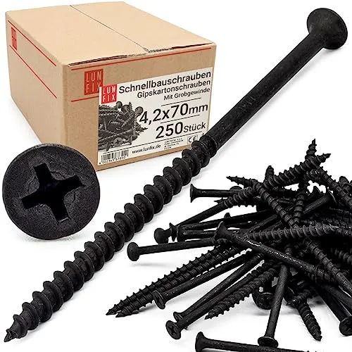 Schnellbauschrauben 4,2 x 70 mm 250 Stück Trockenbauschrauben Mit Grobgewinde Gipskartonschrauben Schwarz Rigipsschrauben für Gipskartonplatten Gipsplattenschrauben, Schnellschrauben