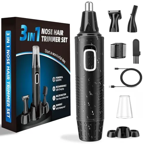 Produktbild Nasenhaartrimmer, USB Wiederaufladbar Nasenhaarschneider 3 in 1 Set Ohrhaarschneider mit Doppelschneideklingen, Professioneller schmerzfreier Augenbrauen und esichtshaartrimmer für Männer und Frauen
