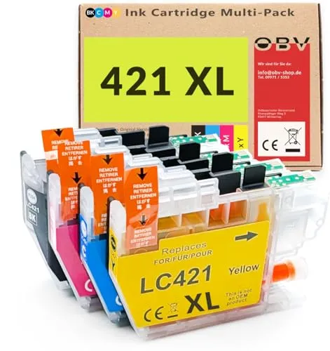 OBV 4X kompatible XL Tintenpatrone als Ersatz für Brother LC421 LC421XLVAL LC-421XLVAL für Brother DCP-J1050DW DCP-J1140DW DCP-J1800DW MFC-J1010DW - schwarz, Cyan, Magenta, gelb