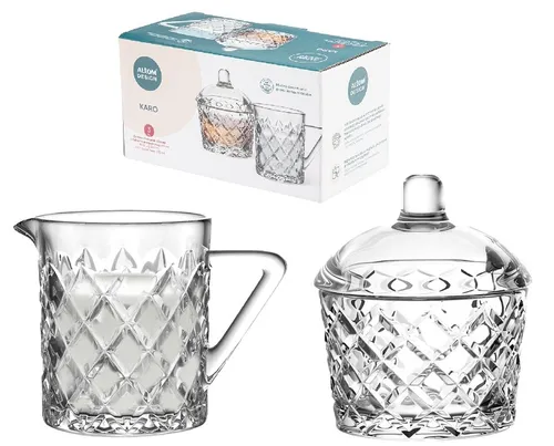 Set Karo Glas Zuckerdose 210ml und Sahnekännchen 200ml