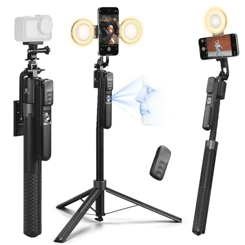 K&F CONCEPT KI-Selfie Stick mit 360° Tracking & 2 Ringleuchten | 5 Gestensteuerung, Bounce-Back-Basis, Bluetooth-Fernbedienung, 2 Ringleuchten 3500-6500K, Schmink-/Rahmenspiegel, X106
