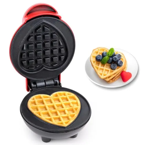 RISVOWO Mini-Waffeleisen in Herzform - Waffeleisen für herzförmige Waffeln, 350W für schnelles Frühstück in nur 5 Minuten, mit Antihaftbeschichtung und platzsparendem Design – perfekt für Familie und Freunde!