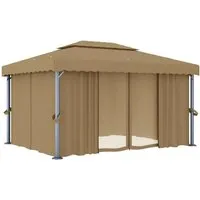 vidaXL Pavillon 4x3 m mit Vorhang - Taupe Aluminium - Eleganter Pavillon für Gartenfeiern, mit doppelt geschichtetem Dach für optimale Luftzirkulation und Schutz vor Sonne und Regen. Inklusive Vorhänge und Mückennetze für Privatsphäre und Insektenschutz.