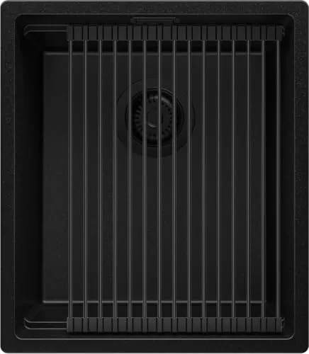 PRIMAGRAN Spülbecken Alles Schwarz 41x47cm, Granitspüle 1 Becken + Ablauf-Set + Aufrollbare Abtropffläche, Küchenspüle ab 45er Unterschrank - Praga Slim S099