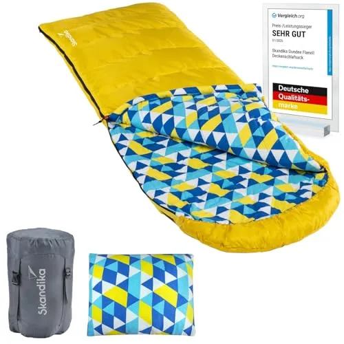 Skandika Schlafsack Dundee Flanell + Kissen - Kuscheliger 3-Jahreszeiten-Doppelschlafsack mit Baumwoll-Flanell-Innenfutter, koppelbar und inklusive bequemem Reisekissen – ideal für Camping und Festivals!