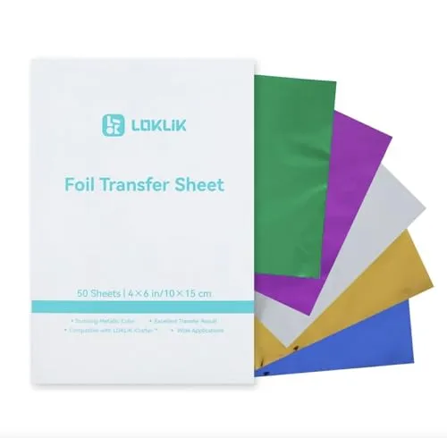 LOKLiK Transferfolie Metallic – 50 Blatt, 5 Farben (Gold, Silber, Blau, Grün, Violett) – iCraft kompatibel – Metallic-Finish für Karten, Geschenke, DIY und Scrapbooking – 10 x 15 cm
