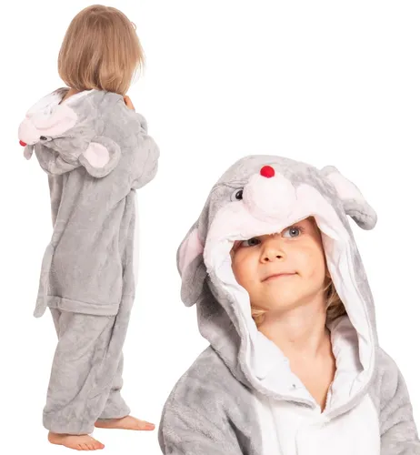 Kinder Pyjama Kigurumi Overall Kostüm Maus Mäuschen Grau 105-115 cm