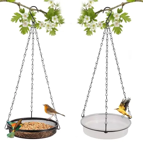 HRAYLTOP 2er Set Vogelfutterspender zum Aufhängen (18x18x3cm,∅18cm)-Metall Vogelfutterhaus für Vögel-Vögel futterstelle zur ganzjährigen-Vogeltränke hängend für Wildvögel im Garten