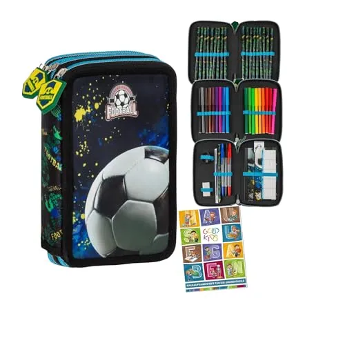 Goldkids Federmäppchen 3 Fächer - Fußball Motiv - Federmäppchen mit 3 Fächern, gefüllt mit hochwertigem Zubehör. Robuste Verarbeitung und sicherer Reißverschluss für langlebige Nutzung. Ideal für kreative Schüler!