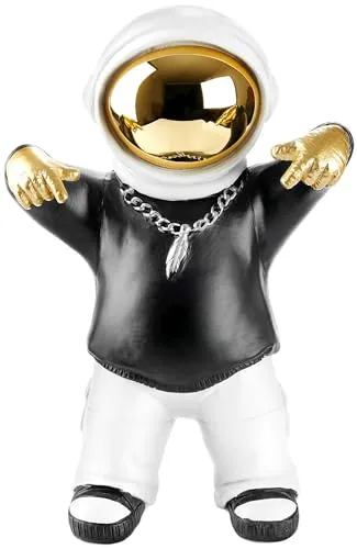 BRUBAKER Dekofigur Astronaut mit schwarzem Hoodie in Cooler Pose - 21 cm Spaceman Weltraum Figur mit verchromtem Helm und silberner Kette - Handbemalte Statue - Gold, Schwarz und Weiß