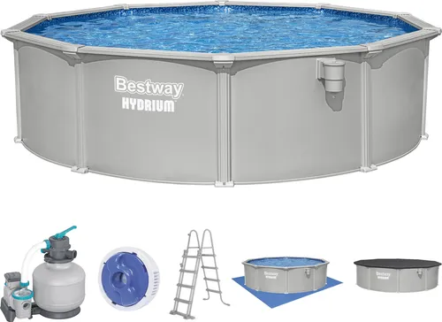 Bestway® Hydrium™ Stahlwandpool Komplett-Set Ø 457 cm – Granitgrau - Genieße den Bestway® Hydrium™ Stahlwandpool mit 17.430 Litern Wasserkapazität und stabiler Stahlkonstruktion. Inkl. Sandfilteranlage für klares Wasser und einfachem Aufbau – ideal für entspannte Sommertage im Garten.