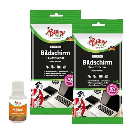 Poliboy Bildschirm Feuchttücher - Displayreiniger Putztücher mit Antistatikeffekt - 2x 15 Tücher - Mit Produktprobe - Made in Germany
