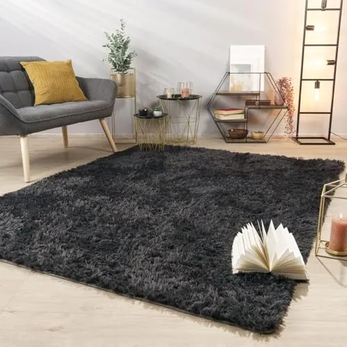 TT Home Teppich Wohnzimmer Hochflor Langflor Weich Soft Modernes Einfarbiges Design, Farbe: Grau Anthrazit, Größe:80x150 cm