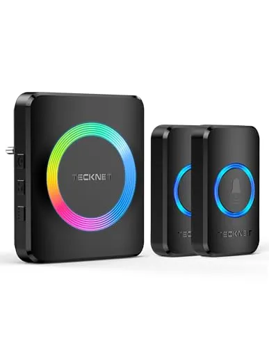 TECKNET Funkklingel, IP65 Funk klingel Set Aussen Wasserdicht, Kabellose Türklingel 600M Reichweite, Haustür Klingel kit mit 1 Plug-In-Empfänger und 2 Sender, 60 Melodien doorbell Mit RGB Blitz
