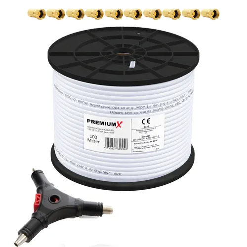 100m Koaxialkabel 135dB – 4-fach SAT Koax Antennenkabel mit Abisolierer - HiFi-Kabel: 100m Koaxialkabel mit Metermarkierung und 10 F-Steckern, ideal für optimale Signalqualität und universelle Nutzung.