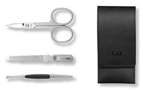 KAI BCISet01 NAGPFL-SET ES LE - Elegantes Nagelpflege-Set aus gebürstetem Edelstahl mit hochwertigem Lederetui. Enthält Nagelschere, Nagelfeile und Pinzette für perfekte Maniküre und Pediküre.