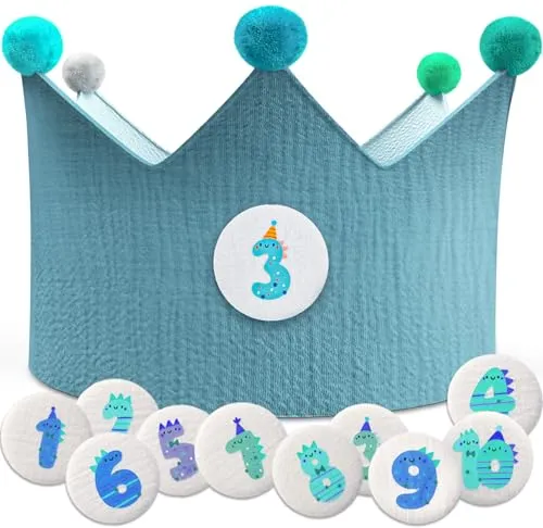 Milula Studios Geburtstagskrone Junge & Mädchen - Musselin Geburtstag Krone Zweifarbig - Austauschbare Zahlen 1-10 - Geschenk zum Kindergeburtstag - Geburtstagskrone 1. Geburtstag Mädchen & Junge