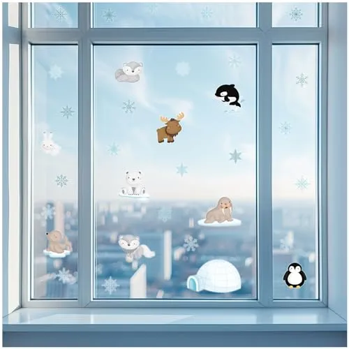 Yabaduu Fensterbilder 3x DIN A4 Bögen Fensterfolie Sticker für Kinder Badezimmer Kinderzimmer Wohnzimmer Aufkleber Fensteraufkleber wasserfest Y076 (12 Arktistiere)