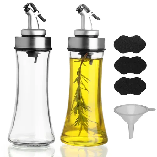 BELLE VOUS Ölspender Set 2er Pack - Elegante Glasflaschen mit Ausgießer - Ölflaschen Set für Küche und Restaurant, inklusive 2 x 200ml Glasflaschen, Trichter und Etiketten. Silikonversiegelte Ausgießer für tropffreies Dosieren.
