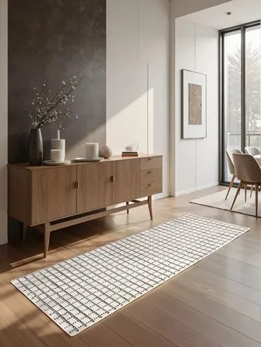 Laufer Teppich - Weich & gemütlich - 80cm x 220cm - Weiß-Anthrazit - 3D Effect - Schlafzimmerteppich, Boho, Scandi