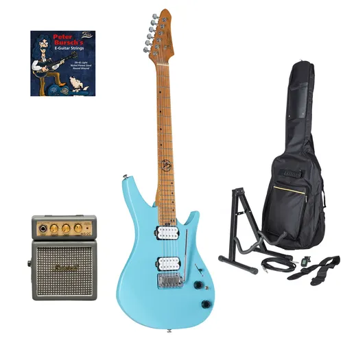 E-Gitarren Set für Anfänger J & D DX-100 Powder Blue + MS 2 - Vollständiges E-Gitarren Set mit ergonomischer J & D DX-100 E-Gitarre und kompaktem Marshall MS-2 Verstärker. Ideal für Einsteiger, inklusive praktischem Zubehör und Zubehörfach für einfache Handhabung.