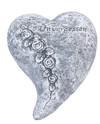 Grabschmuck Herz Unvergessen aus massivem Steinguss - Gartenstatuen, handgearbeitet und frostfest bis -30°C, eine liebevolle Erinnerung für das Grab, Abmessungen: 8 x 20 x 27 cm.