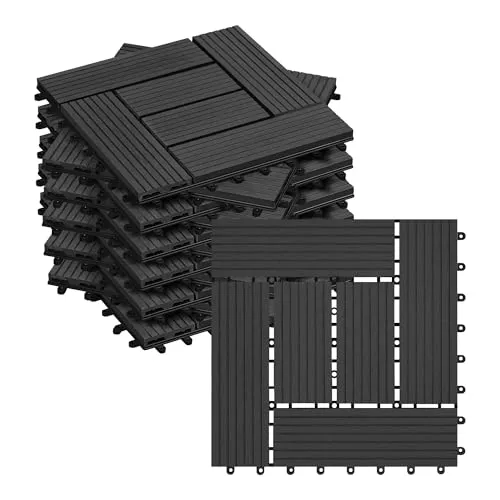 WOLTU 22 Stück WPC Terrassenfliesen Holzoptik Anthrazit - Terrassen- & Balkonfliesen aus robustem WPC, einfaches Klicksystem für schnelle Verlegung und vielseitige Gestaltungsmöglichkeiten im Innen- und Außenbereich.