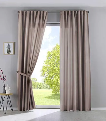 2er Set Vorhänge Verdeckte Schlaufen Cationic »JENA« 225x140 cm Taupe - Schiebevorhänge in Leinenoptik, blickdicht und pflegeleicht, ideal für ein harmonisches Wohnambiente. Inklusive Raffhalter für vielseitige Gestaltung.