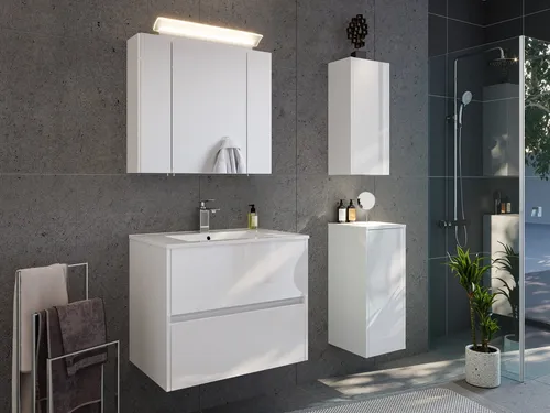 Magnolia Home Badmöbel-Set Taifun 70cm 4tlg mit Spiegelschrank - Elegantes Badmöbelset in Weiß Hochglanz, 4-teilig mit Spiegelschrank und 2 Badschränken für stilvolle Ordnung im Badezimmer.