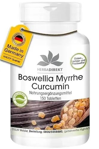 Boswellia Myrrhe Curcumin Tabletten - Arzneimittel zur Unterstützung der Gelenkgesundheit, kombiniert mit entzündungshemmenden Eigenschaften von Myrrhe und Curcumin.
