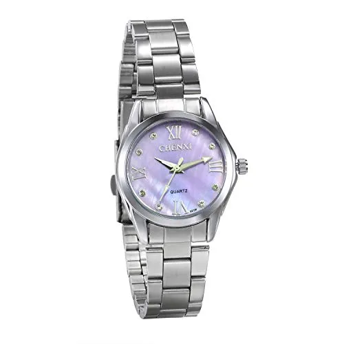 JewelryWe Damen Armbanduhr Analog Quarz Silber Ton Edelstahl Armband Elegant Business Casual Uhr mit Lila Muschel Strass Römischen Ziffern Zifferblatt