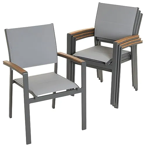 Nexos Trading Gartenstuhl Stapelsessel Stapelstuhl Balkonstuhl - Teslin-Gewebe Alu-Gestell stapelbar - Farbe: Rahmen grau/Bespannung hellgrau (4)