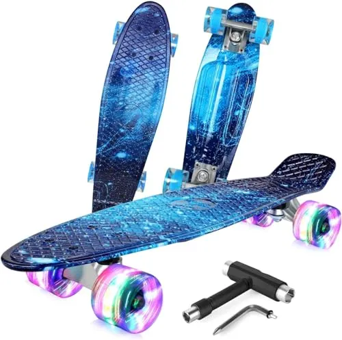 BELEEV Kinder Skateboard 22 Zoll mit LED Leuchtrollen - Komplett montiertes Mini Cruiser Skateboard mit leuchtenden Rädern für zusätzlichen Fahrspaß. Leicht und robust, ideal für alle Altersgruppen und perfekt für entspannte Fahrten in der Stadt.