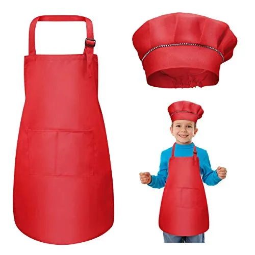 WEONE Kinder Schürze und Kochmütze Set, Kinder Einstellbare Kochschürze Kinderschürzen mit 2 Taschen für Jungen Mädchen, Kind Küchenschürzen für Küche Kochen Backen Malerei (7-13 Jahre) (Rot)