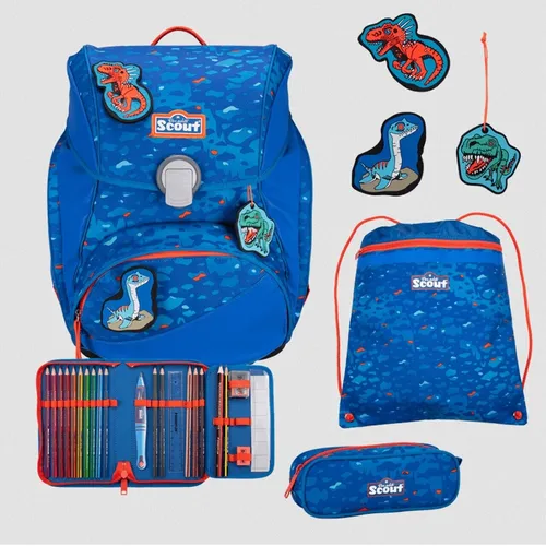 SCOUT ALPHA EXCLUSIV SUPERFLASH BLUE DINO Schulranzen Set - Schulranzen mit reflektierenden Elementen für optimale Sicherheit im Straßenverkehr, ideal für kleine Dinosaurier-Fans.
