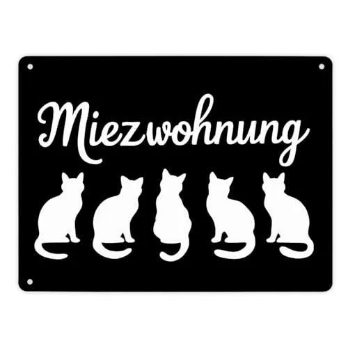 Miezwohnung Katzen Silhouetten Metallschild XL in 21x28 cm für Katzenfans lustiger Spruch als Geschenk für Katzenliebhaber