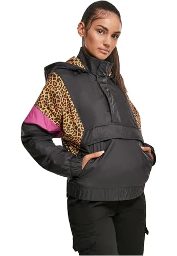 Urban Classics Damen Jacke - Mehrfarbig (Black/Leo 01945), 3XL - Funktionsjacken mit der Gemütlichkeit eines Pullovers, elastischen Bündchen und einem strukturierten Design durch verdeckten Reißverschluss.