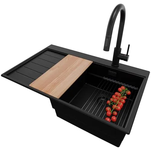 PRIMAGRAN Granitspüle Alles Schwarz 78x50cm, Spülbecken 1 Becken + Küchenarmatur 40x20cm + Zuberhor-Set, Küchenspüle ab 45er Unterschrank - Sydney S178