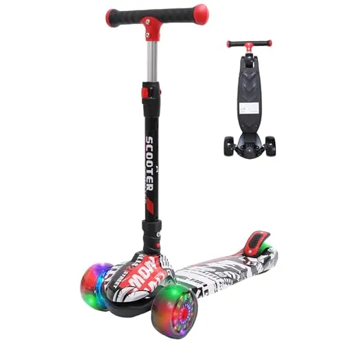 Kinderroller mit LED Leuchträdern, Klappbar Tretroller 3-12 Jahre, Höhenverstellbar Scooter für Mädchen & Jungen, Roller Kinder mit Rutschfesten Griffen & Hinterradbremse, Graffiti Design
