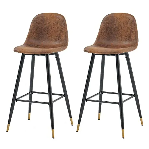 MEUBLE COSY Barhocker 2er Set Barstuhl Vintage mit Lehne und Fußstütze Sitzhöhe 76 cm aus Wildleder Metallbeine für Bar Bistro Café Küche, Kunstleder, Industrie-Design, Braun + Goldfarben
