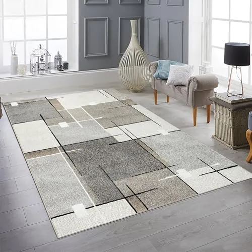 Teppich-Traum Teppich Wohnzimmerteppich Esstischteppich strapazierfähig elegant geometrisches Muster in dezenten Creme- und Grautönen 140 x 200 cm