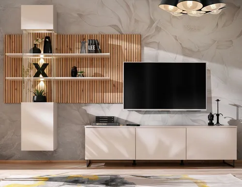 Furn.Design Wohnwand Laelia, 3-teilig mit Beleuchtung - Wohnzimmerschränke, stilvolles Design in Sand Cashmere matt mit Eiche Dekor, inklusive LED-Beleuchtung für eine gemütliche Atmosphäre.