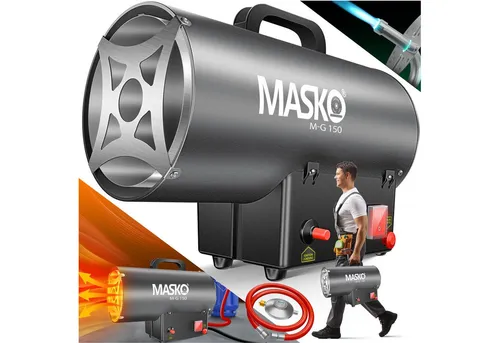 MASKO Heizgerät gasbetrieben inkl. Gasschlauch & Druckminderer Anschluss zu Gasflasche, 15000 W, Gas Heizlüfter mit Turbo Ventilator, Gasheizer Piezo-Zündung