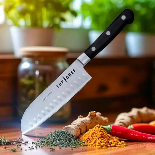 Küchenmesser, Premium Santoku Messer, Fleischmesser mit 17,1 cm Klinge, Scharfes Küchenmesser aus rostfreiem Edelstahl, Schneidemesser für Fleisch, Gemüse, Obst, Sushi, Hobby, Profis und Gastronomie